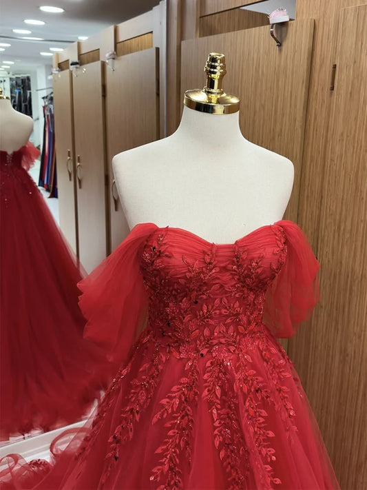 A-Line Sweetheart Neck Off Shoulder Tulle Lace Burgundy Long Prom Dress MD131