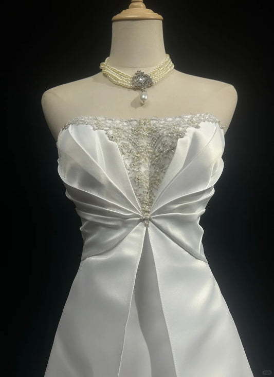 Elegant A-Line White Long Wedding Dress Off-the-Shoulder Satin Beaded Prom Dress MD133