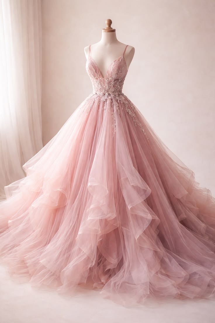 Elegantes Ballkleid, rosa langes Abendkleid mit Spaghettiträgern, Tüll, plissiertes Abschlussballkleid MD142