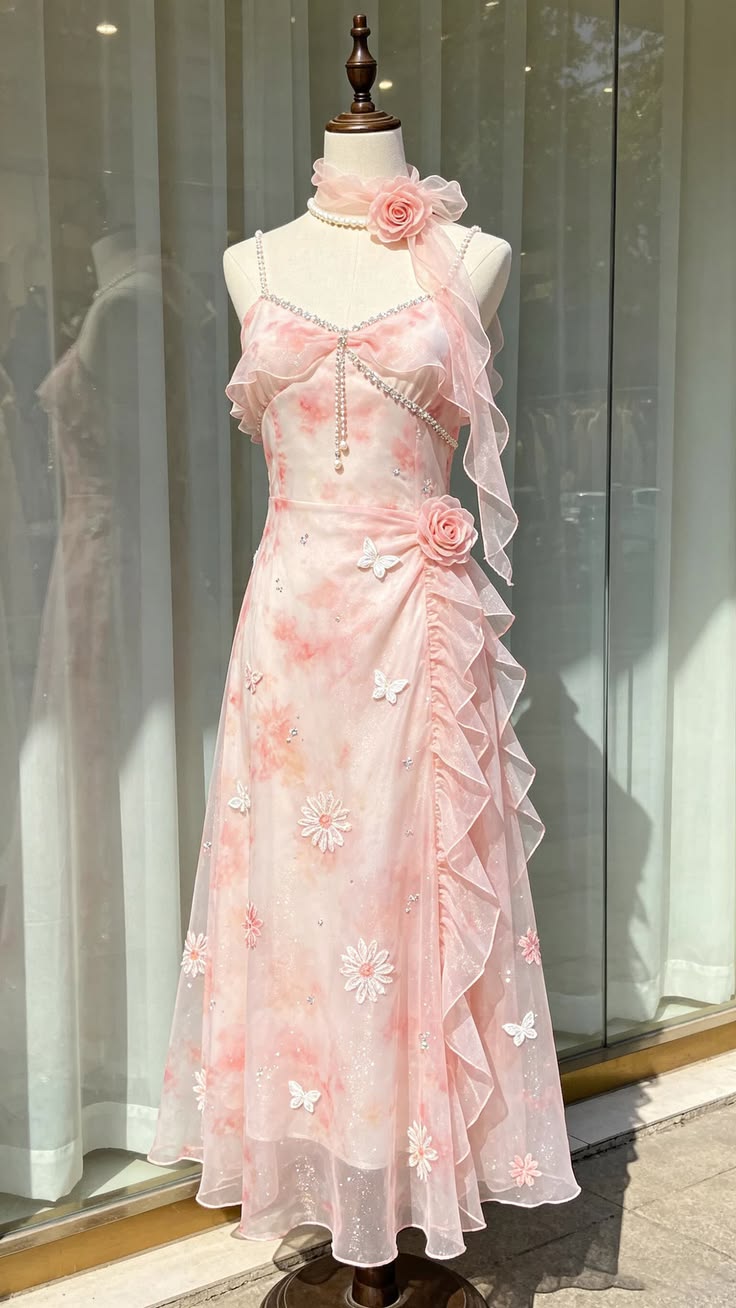 Elegant Sheath Pink 3D Floral Applique Long Evening Dress Spaghetti Straps Tulle Prom Dress MD147