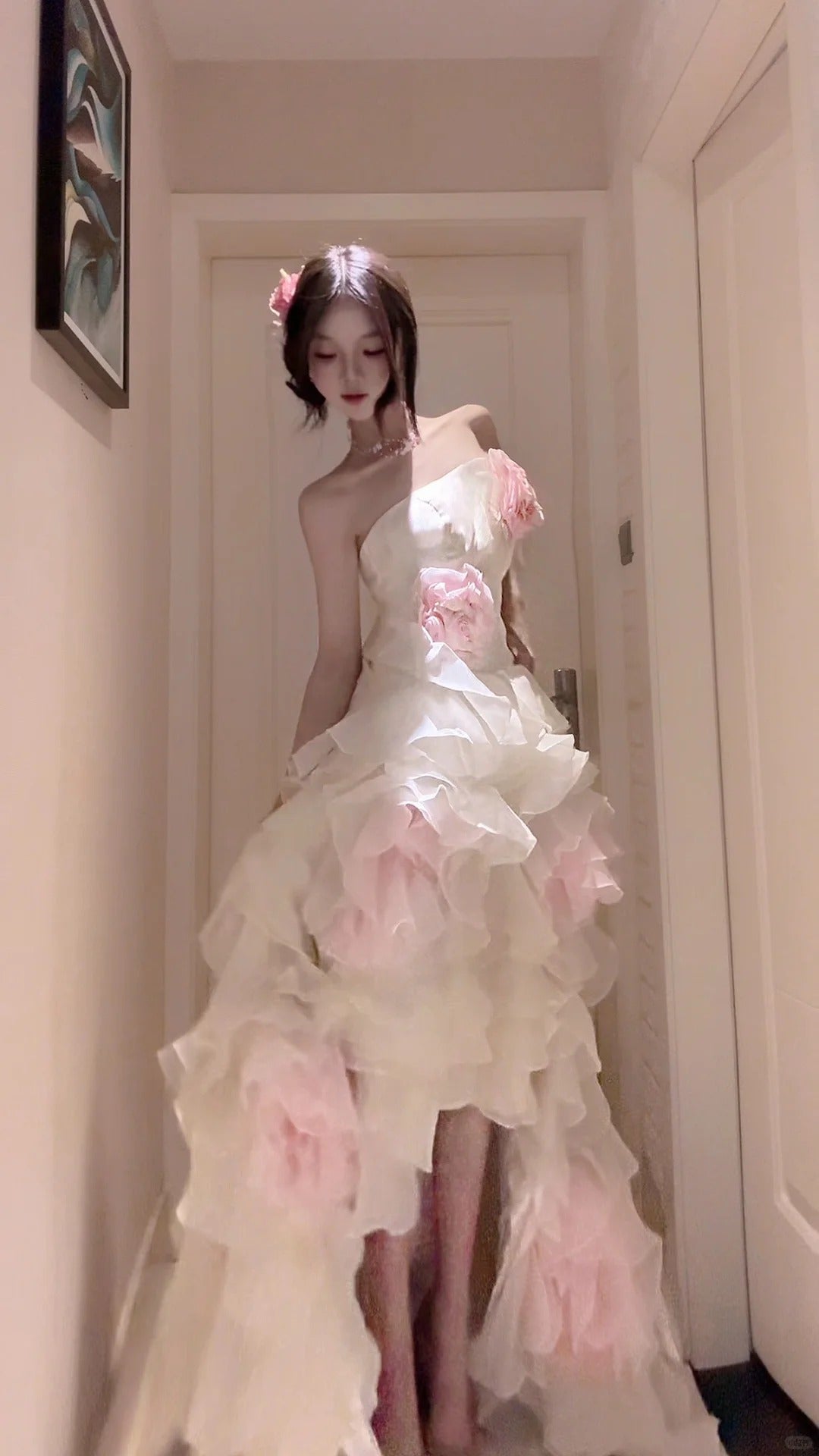 Ethereal A-Line 3D Floral Appliqué Long Wedding Dress High Slit Off-the-Shoulder Ruffled White Prom Dress MD158