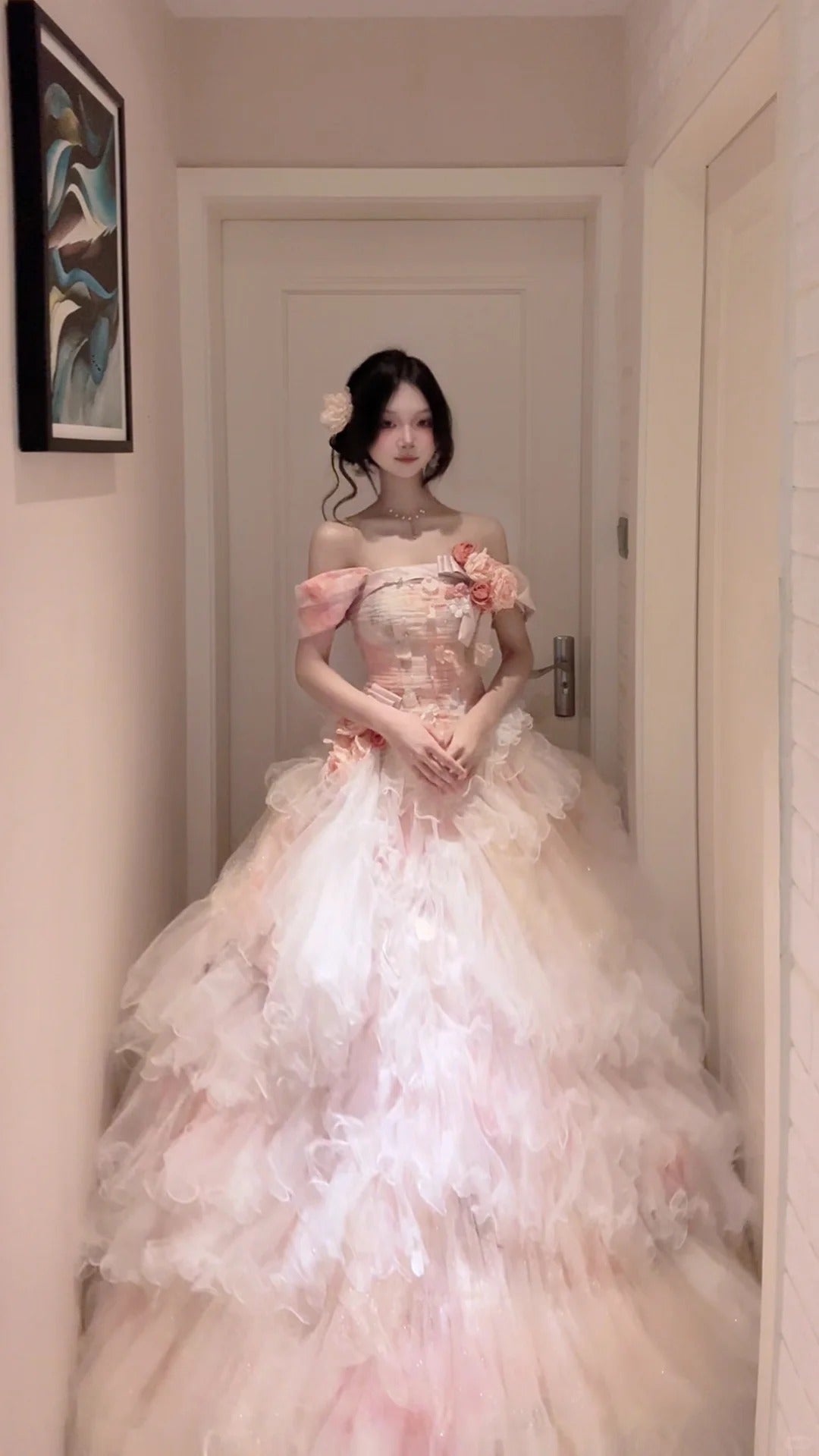 Elegant Ball Gown Pink 3D Floral Applique Long Evening Dress Off-the-Shoulder Tulle Prom Dress MD159