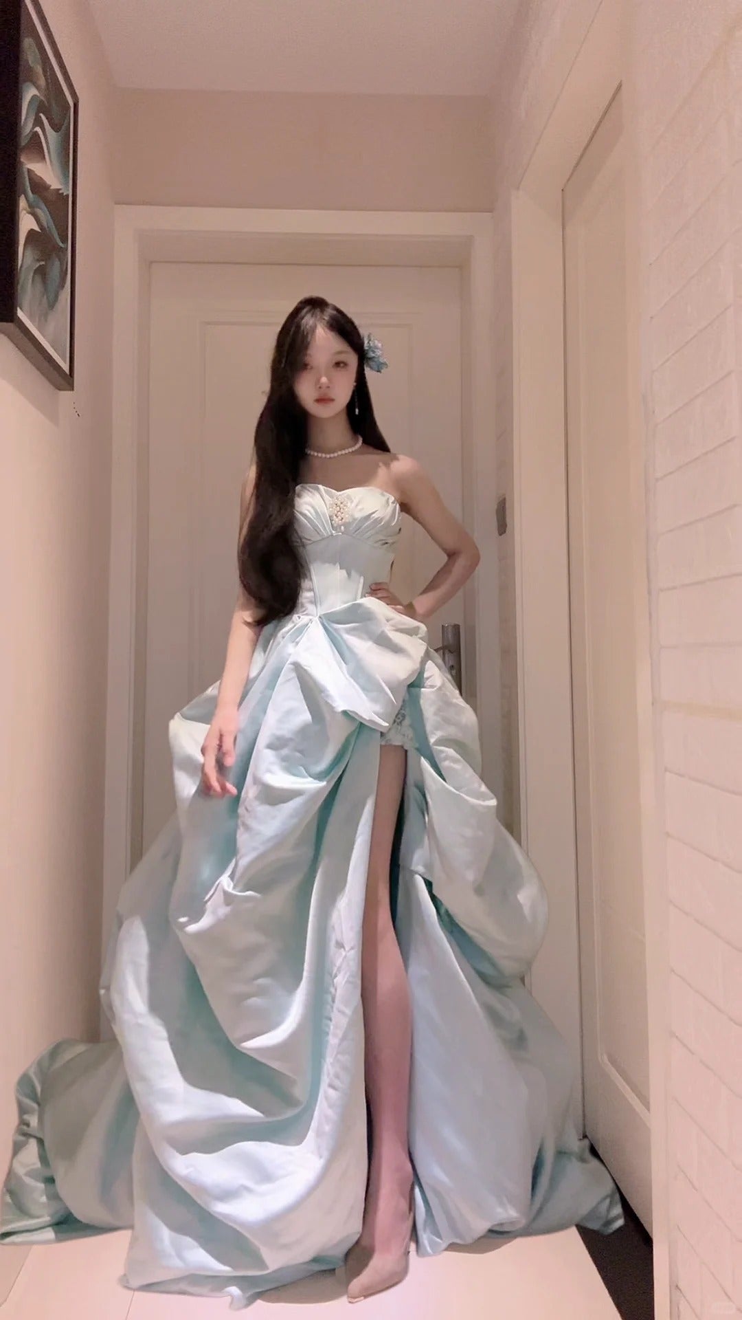 Elegant Ball Gown Blue Off-the-Shoulder Long Evening Dress High Slit Satin Prom Dress MD161