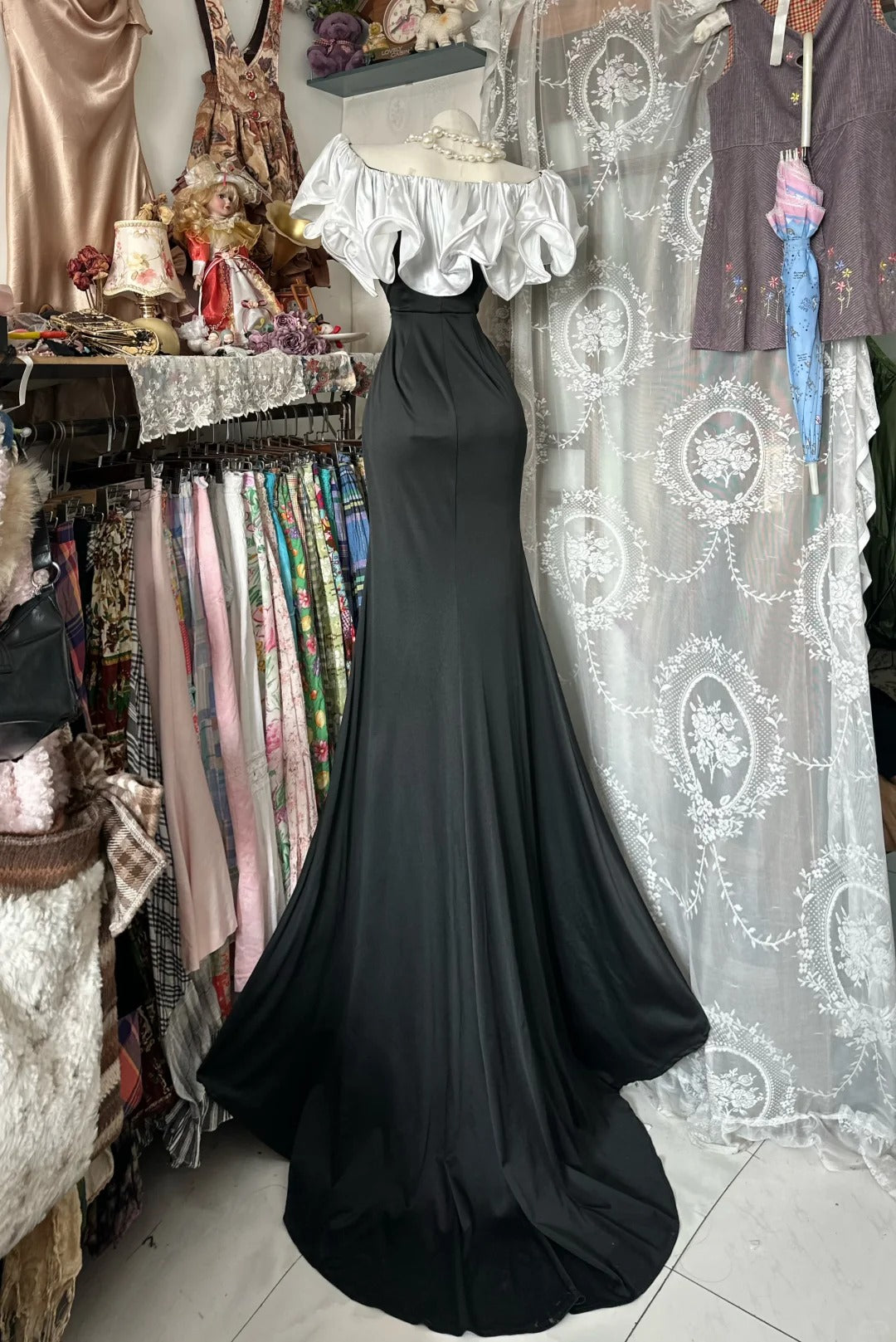 Elegant Mermaid Black Long Evening Dress Round Neck SatinProm Dress MD167