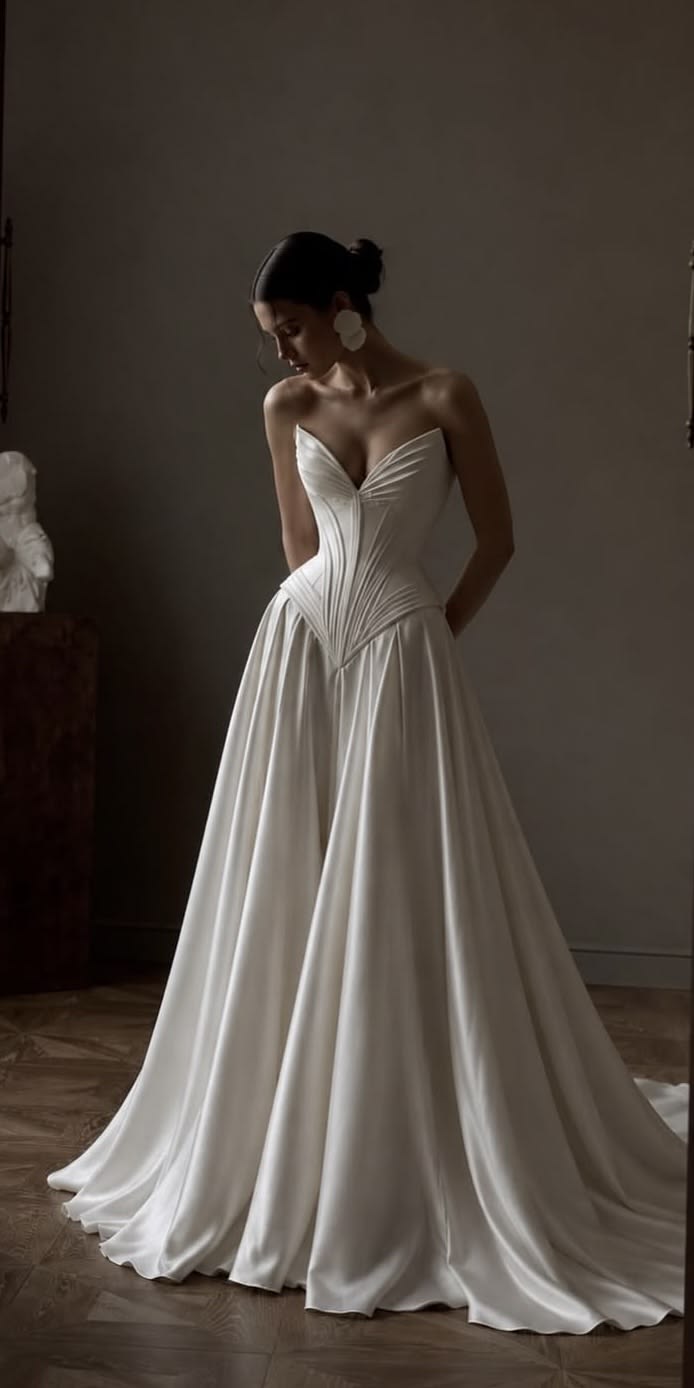 Elegant A-line Long Wedding Dress V-Neck Satin Pleated White Prom Dress MD168