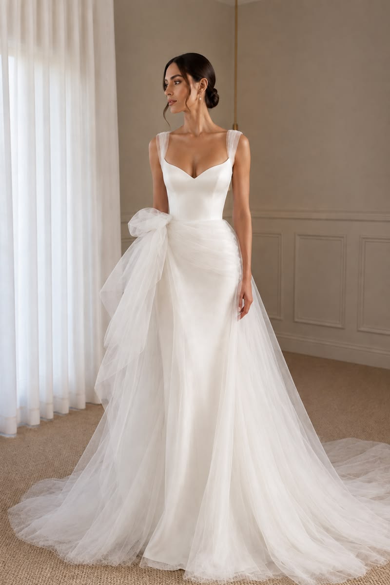 Elegant A-line Long Wedding Dress V-Neck Tulle White Prom Dress MD169
