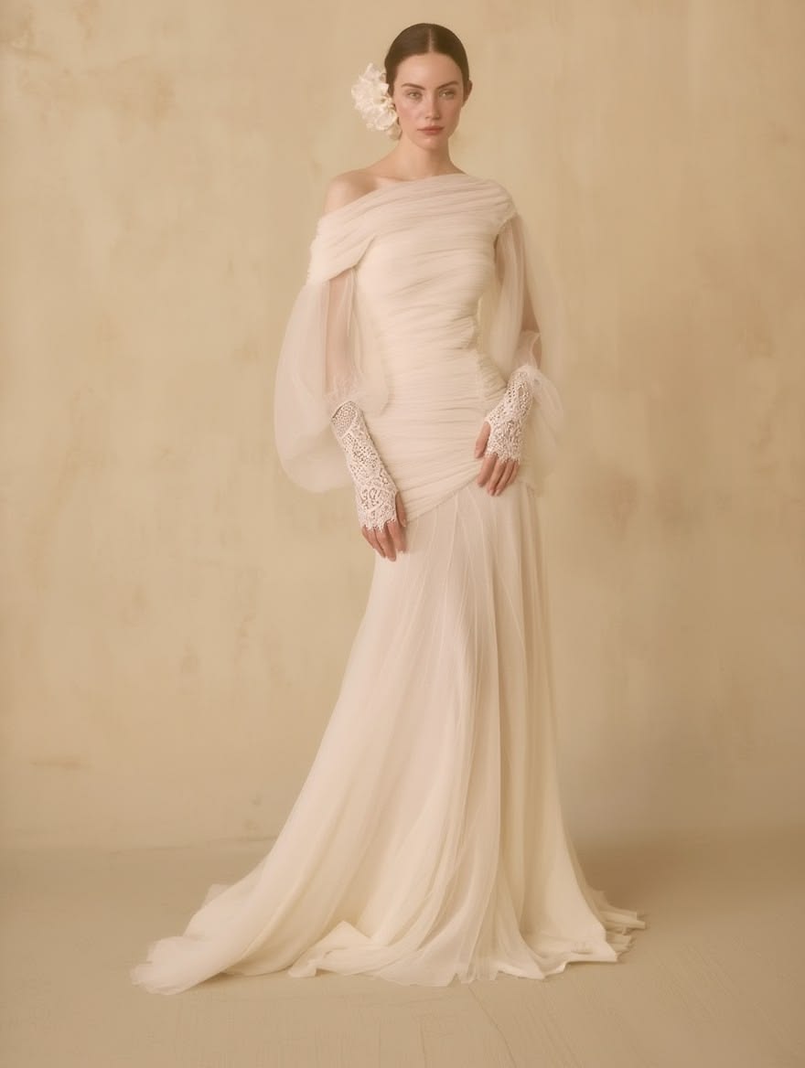 Elegant Sheath Long Wedding Dress Asymmetrial Neck Tulle White Prom Dress MD173