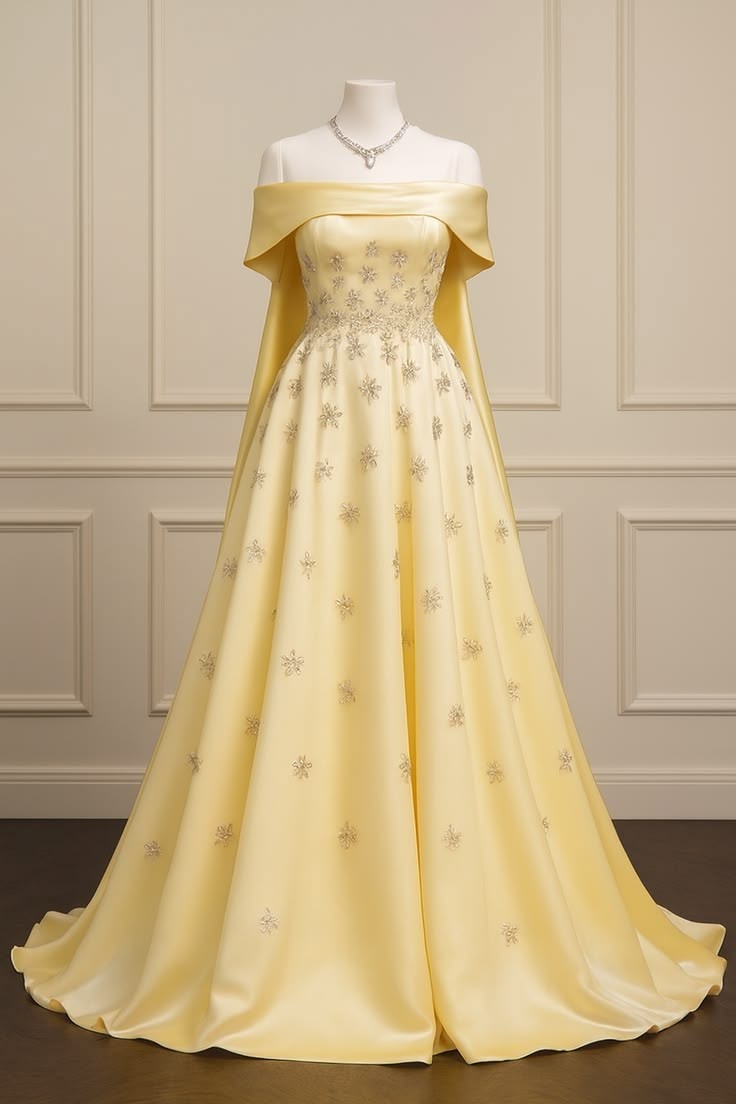 Elegant A-line Yellow Long Evening Dress Off-the-Shoulder Satin Beaded Prom Dress MD176