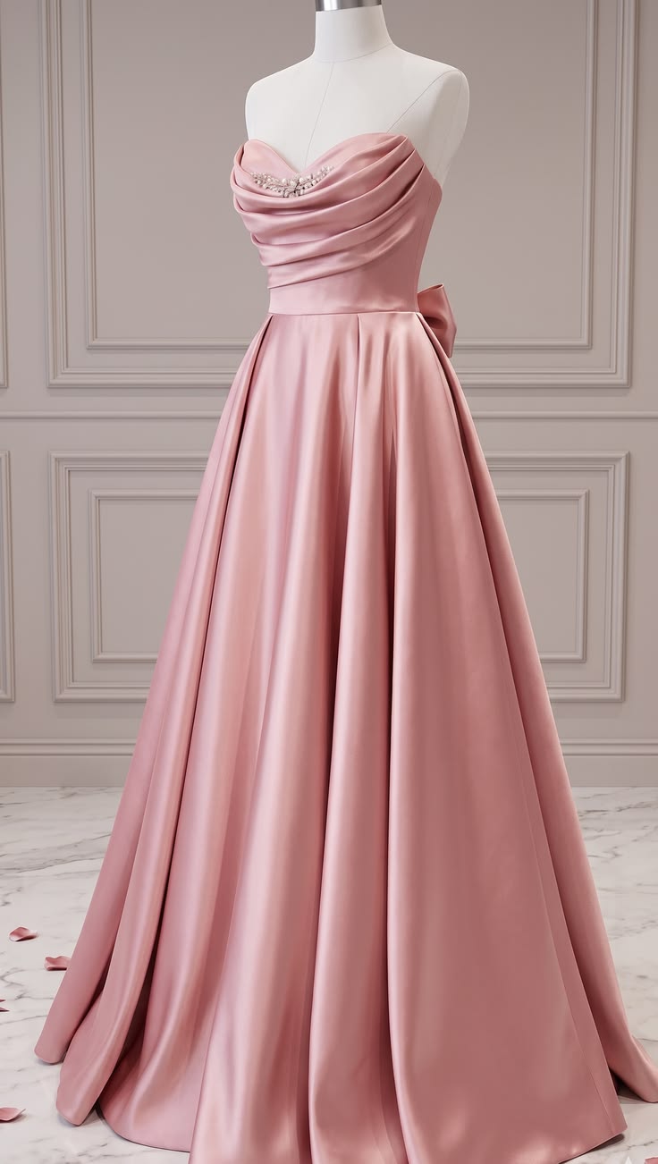 Elegant A-line Pink Long Evening Dress Off-the-Shoulder Satin Pleated Prom Dress MD181