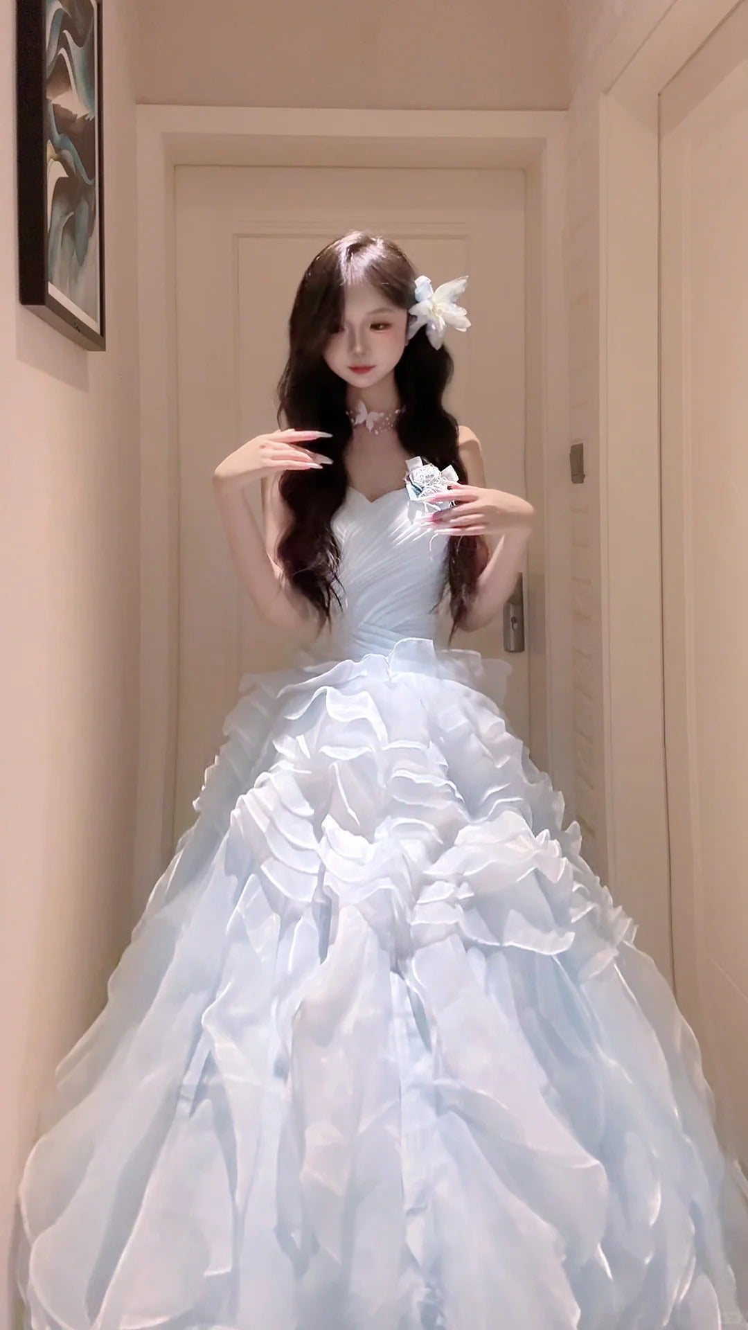 Elegant Ball Gown Blue Sweetheart Long Evening Dress Cascade Tulle Ruffled Prom Dress MD185