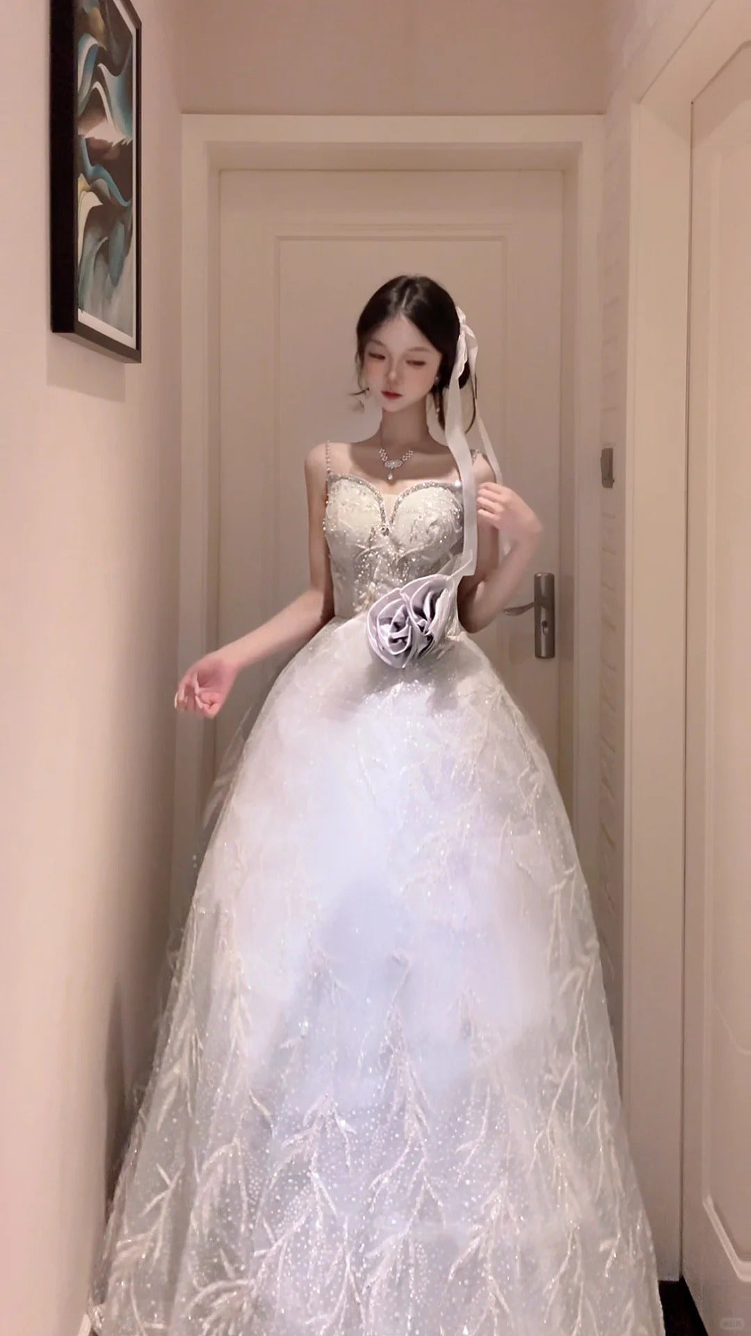 Elegant A-line Long Wedding Dress Spaghetti Straps Lace White Prom Dress MD188