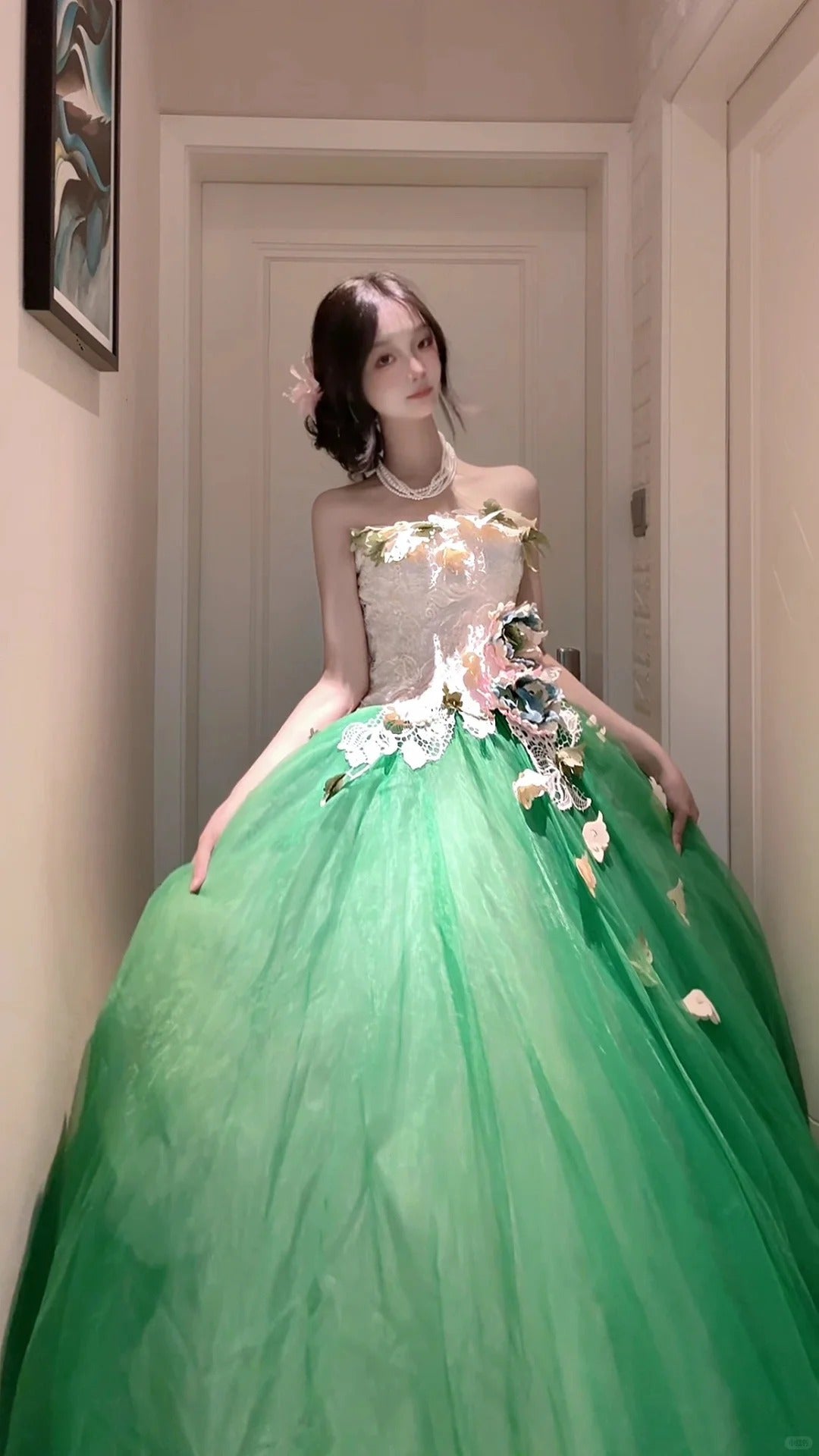 Elegant Ball Gown Green Off-the-Shoulder Long Evening Dress Tulle Prom Dress MD190