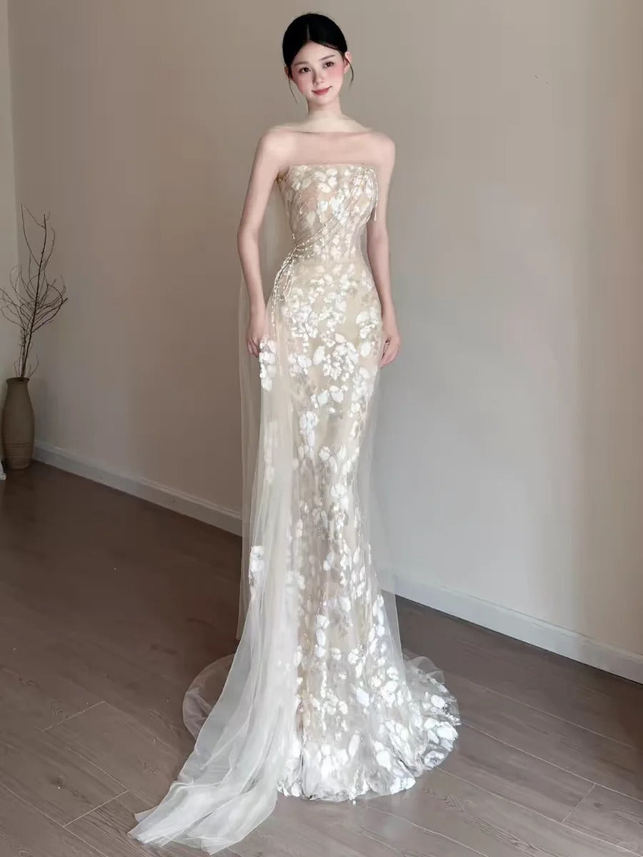 Elegant Mermaid Long Wedding Dress Off-the-Shoulder Tulle Champagne Prom Dress MD196