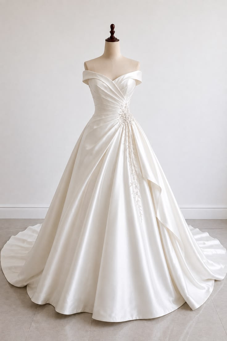Elegant A-line Long Wedding Dress Off-the-Shoulder Satin White Prom Dress MD197
