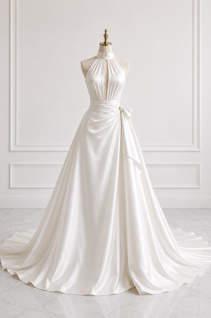 Elegant A-line Long Wedding Dress Halter Neck Satin White Prom Dress MD199