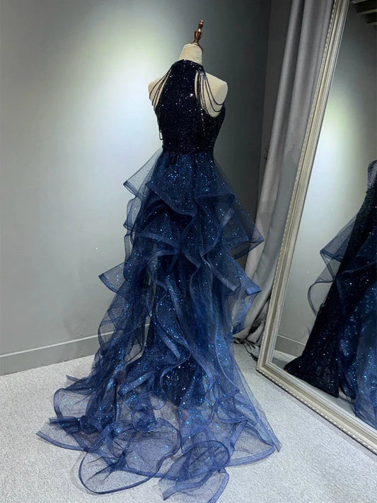 A-Line Tulle Sequin Dark Blue Long Prom Dress, Dark Blue Long Formal Dress MD207