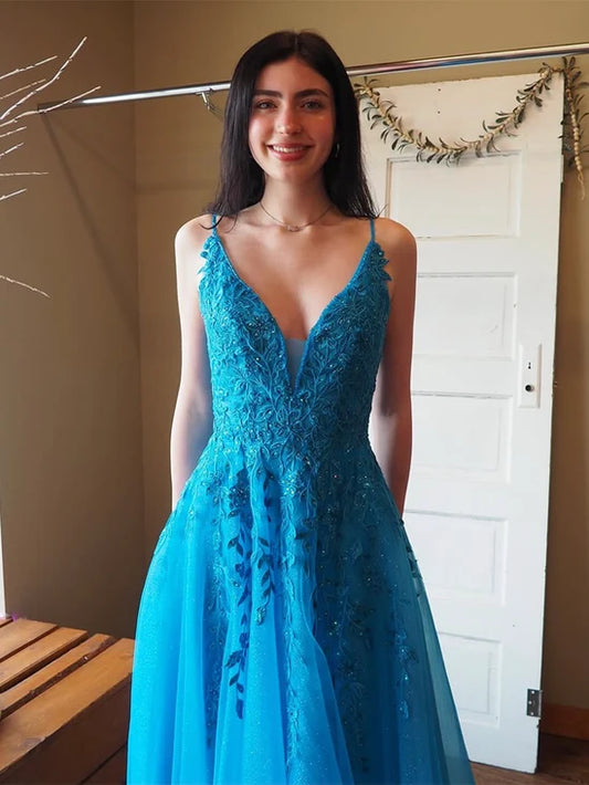 A-Line V Neck Lace Blue Long Prom Dress, Blue Long Evening Dress MD208