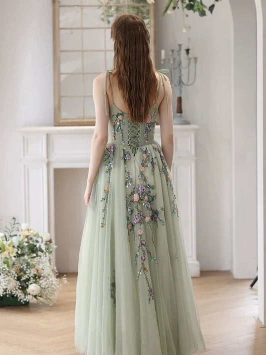 A-Line Tulle Lace Green Long Prom Dress, Green Long Formal Dress MD211