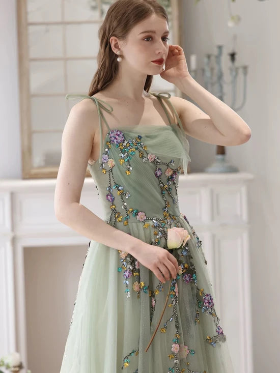 A-Line Tulle Lace Green Long Prom Dress, Green Long Formal Dress MD211