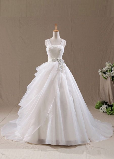 Elegant A-line Long Wedding Dress Square Neck Tulle White Prom Dress MD224