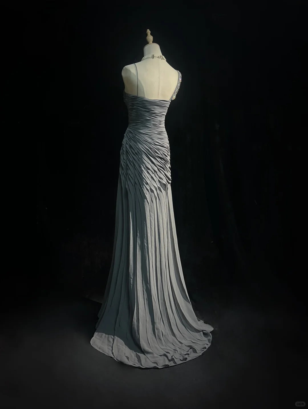 Elegant Sheath Gray Asymmetrical Neck Long Evening Dress Pleated Prom Dress MD229
