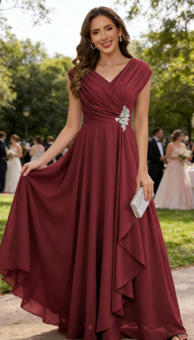 A-Line Pleated V-neck Ruffles Wine Red Long Mother Of The Bridal Dress MD238