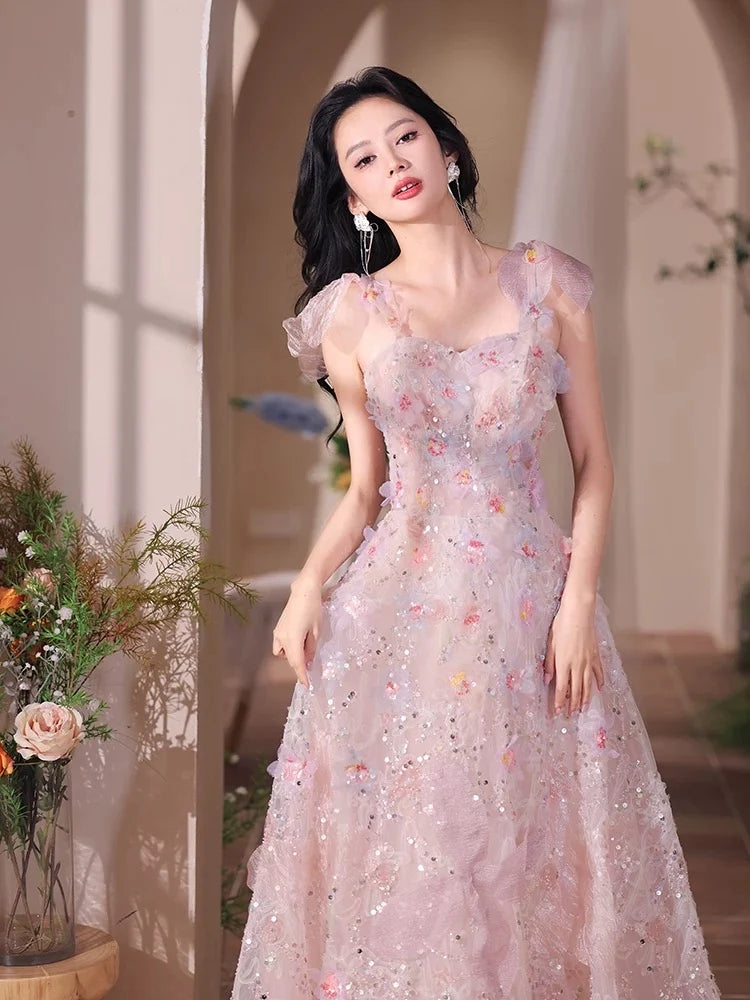 A-Line Sweetheart Neck Tulle Lace Pink Long Prom Dress, Pink Long Formal Dress MD241