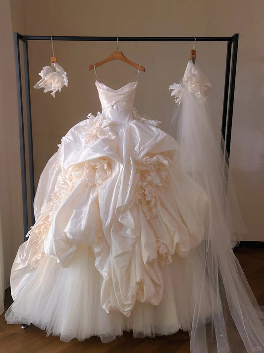 Elegant Ball Gown Long Wedding Dress Off-the-Shoulder Satin Pleated White Prom Dress MD245