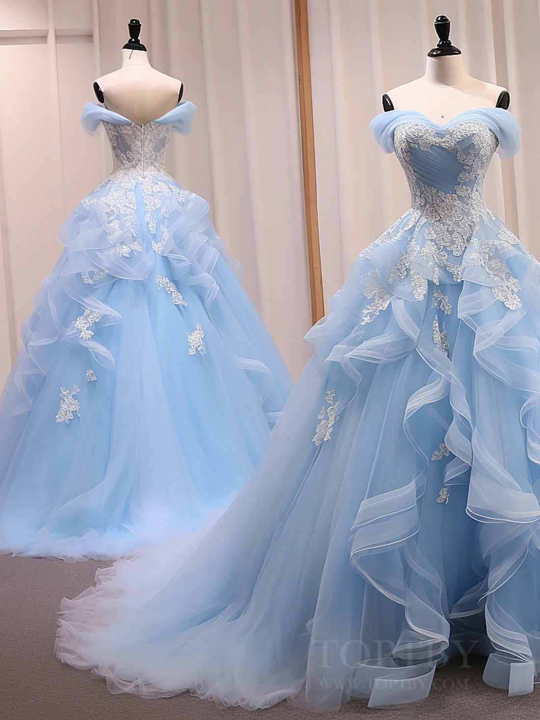 A-Line Sweetheart Neck Tulle Lace off Shoulder Blue Long Prom Dress MD246