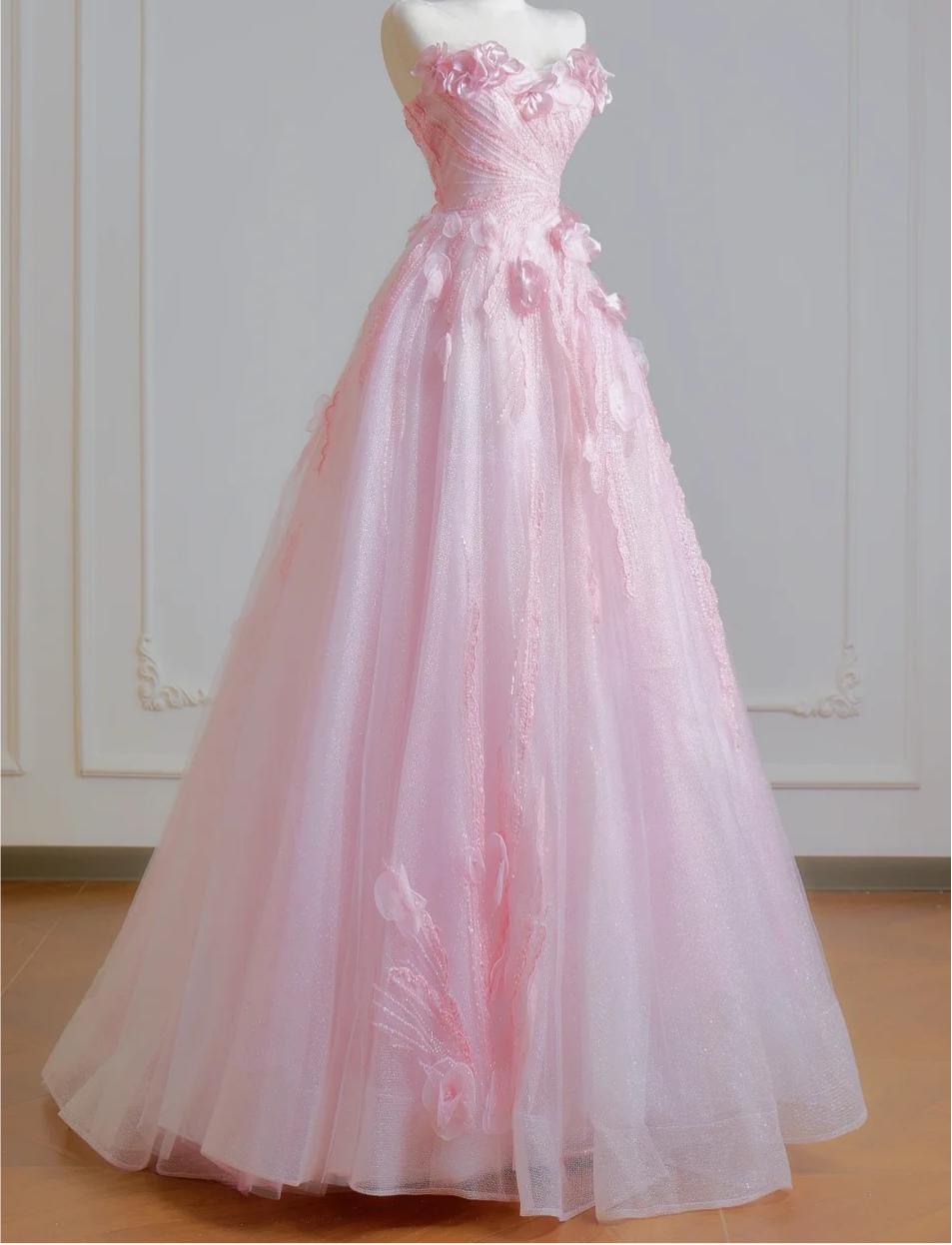 Ethereal A-line Pink 3D fabric flower Off-the-Shoulder Long Evening Dress Tulle Prom Dress MD248