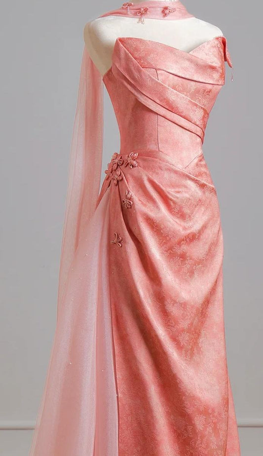 Ethereal Sheath Pink Off-the-Shoulder Long Evening Dress Satin Prom Dress MD253