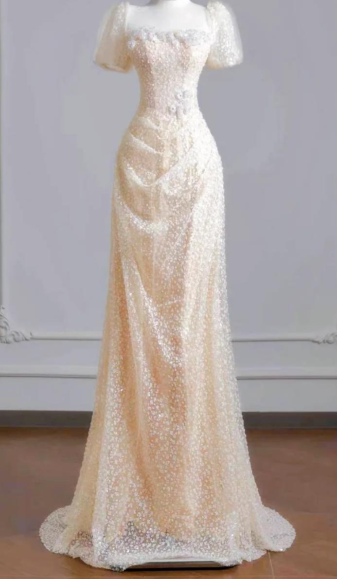 Elegant Sheath Square Neck Champagne Long Evening Dress Lace Prom Dress MD275