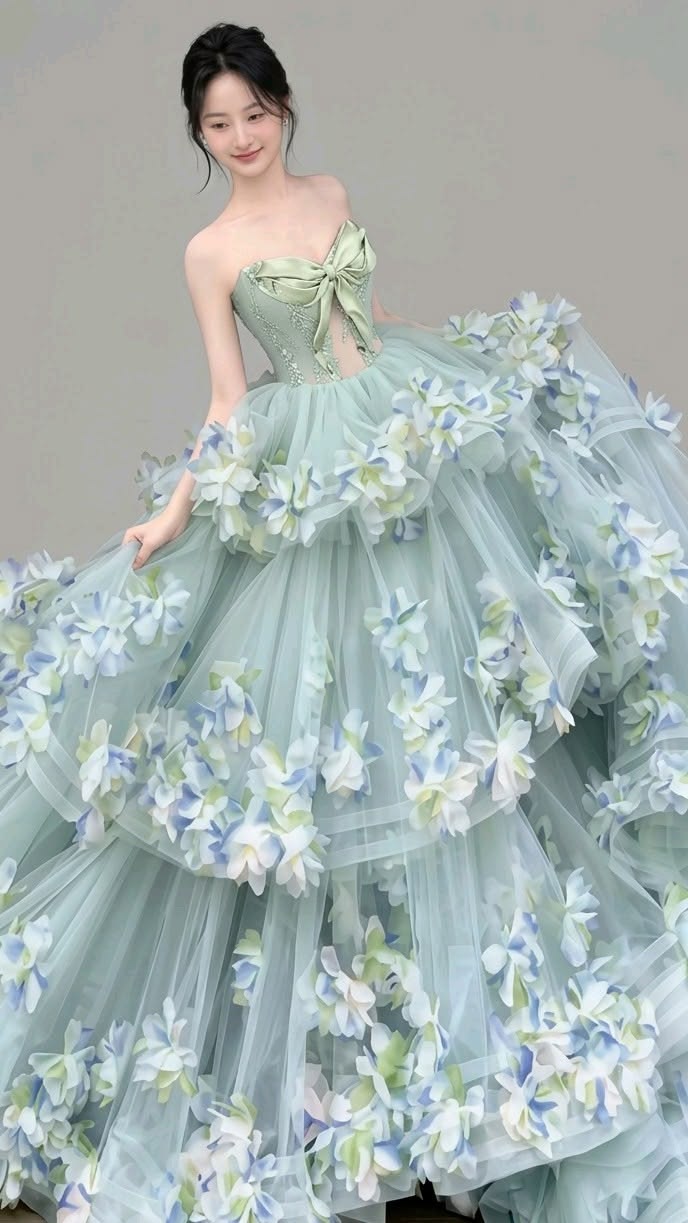 Elegant Ball Gown 3D fabric flower Sweetheart Green Long Evening Dress Tulle Prom Dress MD278