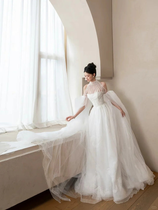 Elegant A-line Halter Neck Long Wedding Dress Lace White Prom Dress MD284