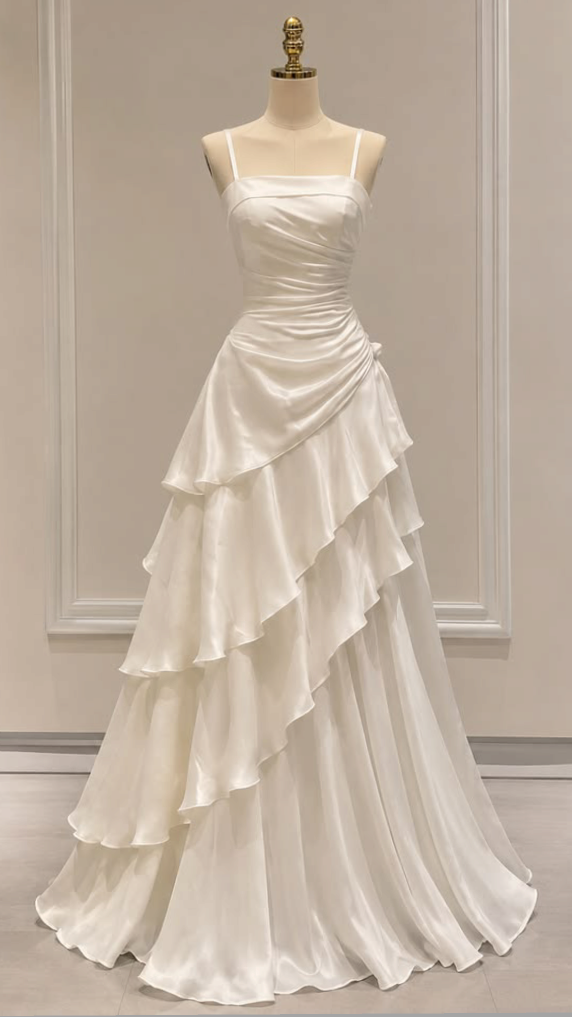 Elegant A-line Spaghetti Straps Long Wedding Dress Ruffled Satin White Prom Dress MD289