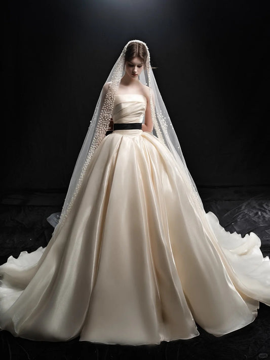 Elegant Ball Gown Off-the-Shoulder Long Wedding Dress Satin White Prom Dress MD292