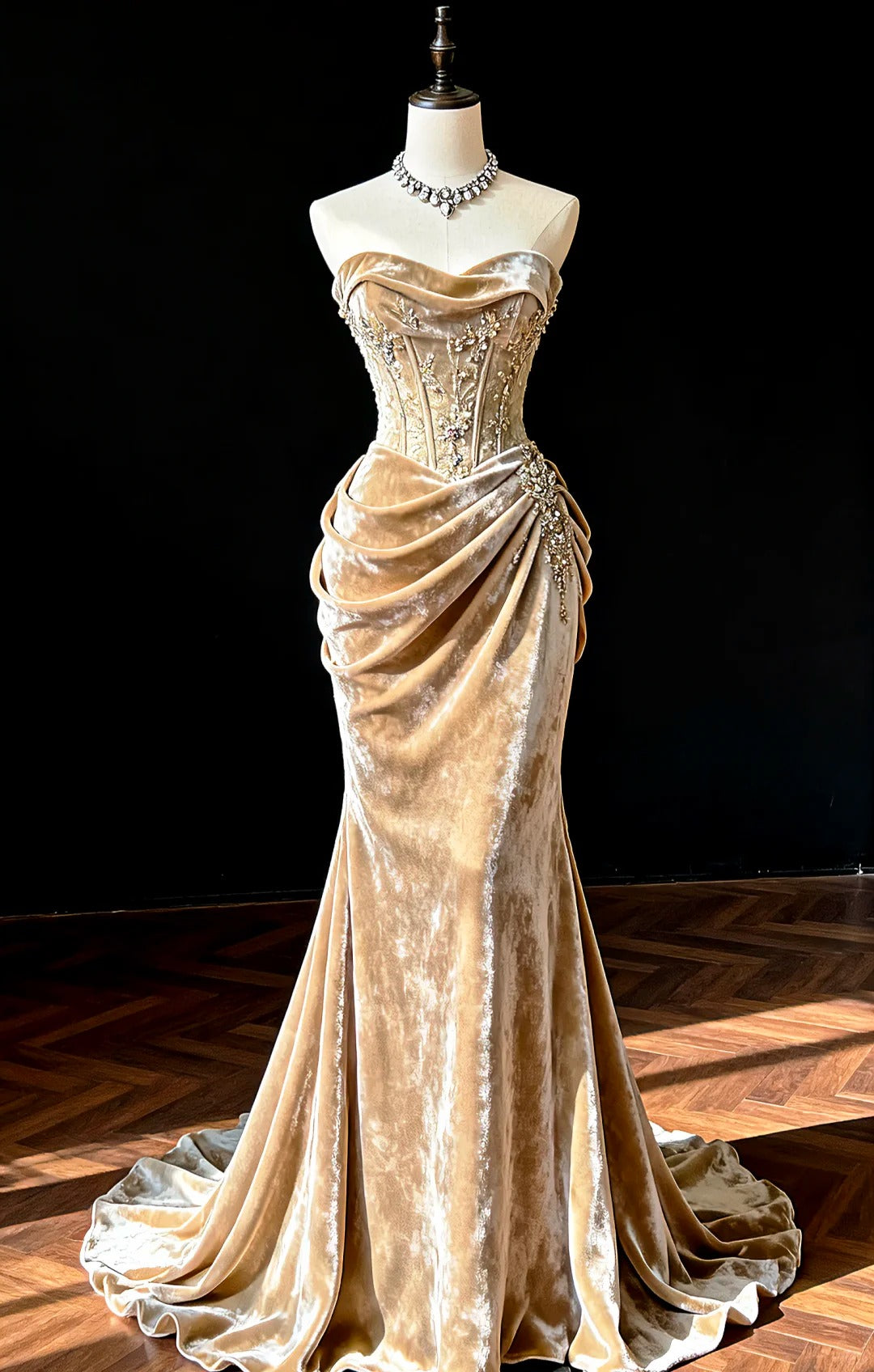 Elegant Mermaid Sweetheart Champagne Long Evening Dress beaded appliqué Satin Prom Dress MD299
