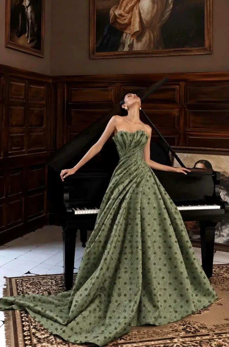Dreamy A-line Off-the-Shoulder Green Floral Print Long Evening Dress Satin Prom Dress MD308
