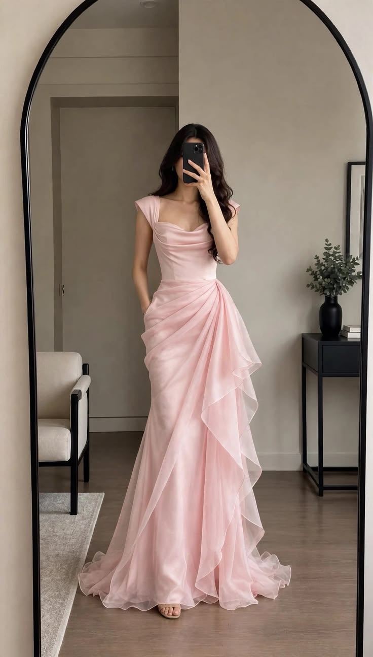 Elegant Sheath Square Neck Long Evening Dress Pleated Tulle Prom Dress MD335