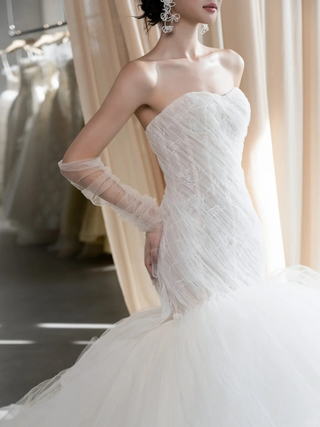 Elegant Mermaid Sweetheat Long Wedding Dress Tulle White Prom Dress MD336