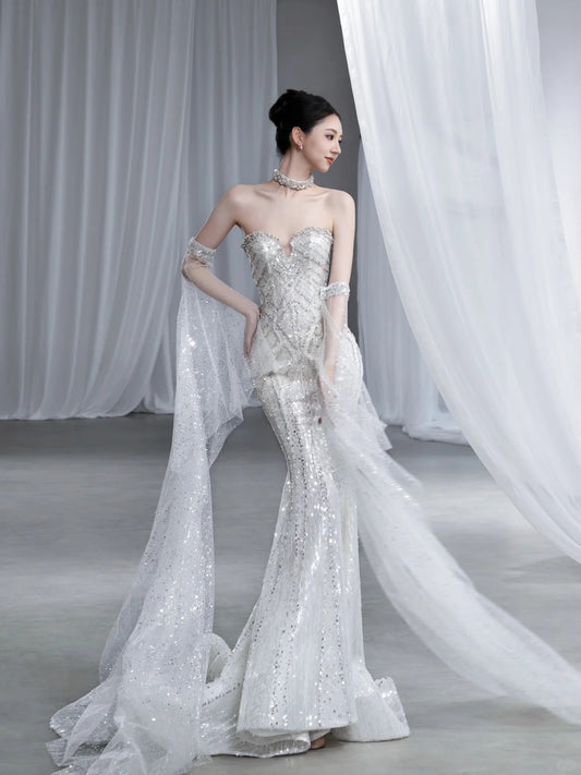Elegant Mermaid Sweetheart Long Wedding Dress Beaded Tulle White Prom Dress MD338