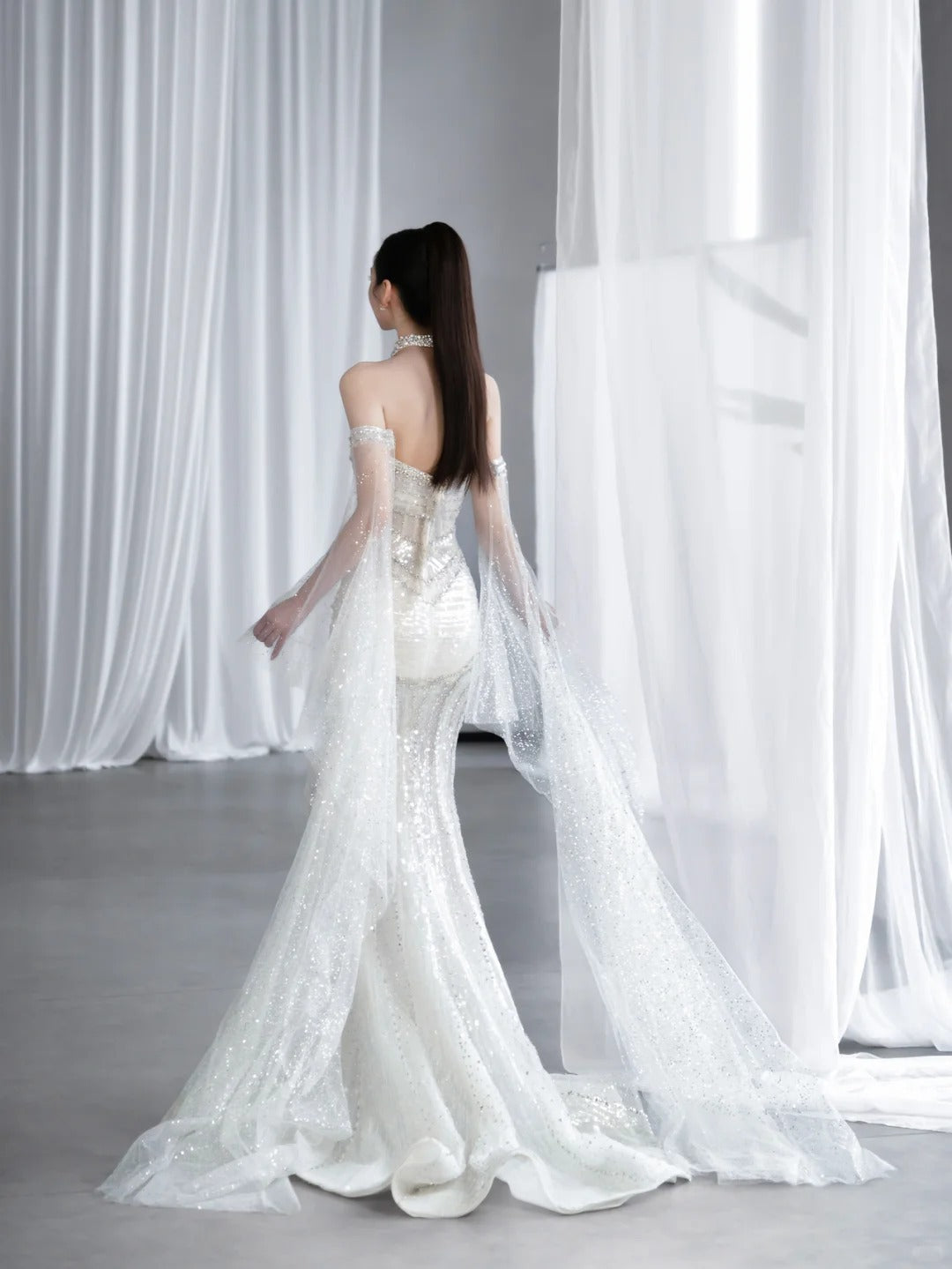 Elegant Mermaid Sweetheart Long Wedding Dress Beaded Tulle White Prom Dress MD338