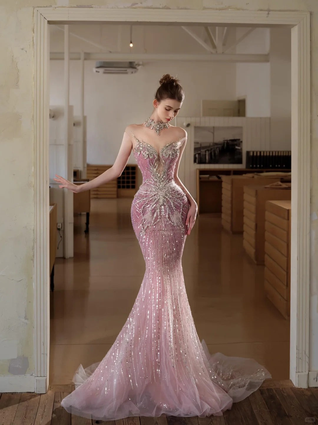 Elegant Mermaid Sweetheart Pink Long Evening Dress Beaded Tulle Prom Dress MD343
