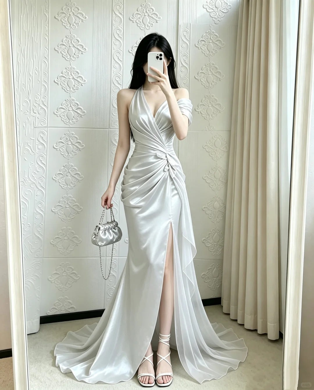 Elegant Mermaid V Neck Sliver Long Evening Dress High Slit Satin Prom Dress MD349
