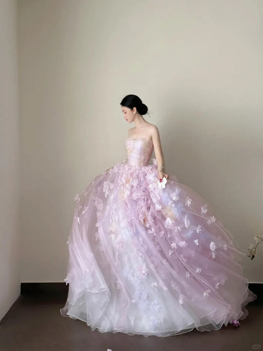 Elegant Ball Gown Off-the-Shoulder Purple Long Evening Dress 3D Appliqué Flowers Tulle Prom Dress MD350