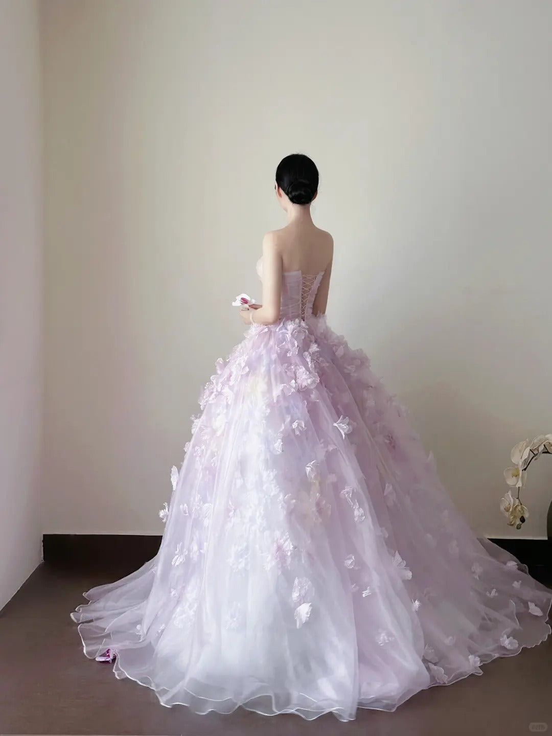 Elegant Ball Gown Off-the-Shoulder Purple Long Evening Dress 3D Appliqué Flowers Tulle Prom Dress MD350