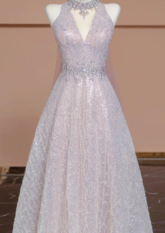 Elegant A-line V Neck Pink Long Evening Dress Beaded Tulle Prom Dress MD352