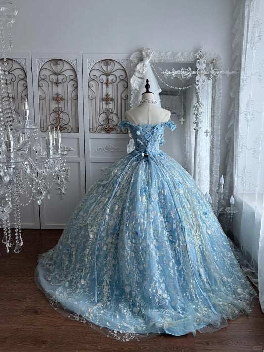 Beautiful Ball Gown Off-the-Shoulder Blue Sequins Evening Dress Lace Prom Dress MD362