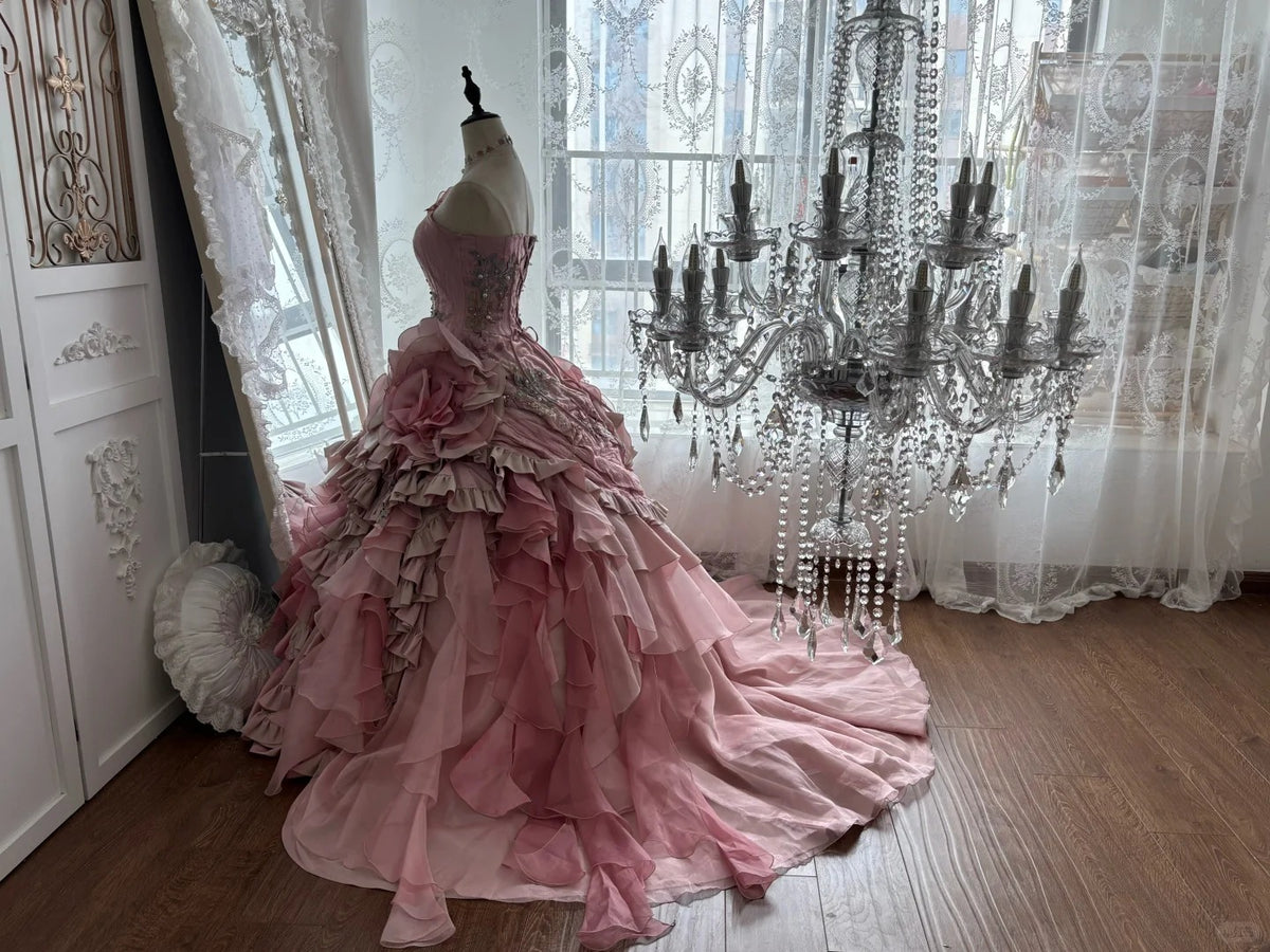 Beautiful Ball Gown Off-the-Shoulder Pink Cascade Evening Dress 3D floral appliqués Tulle Prom Dress MD363
