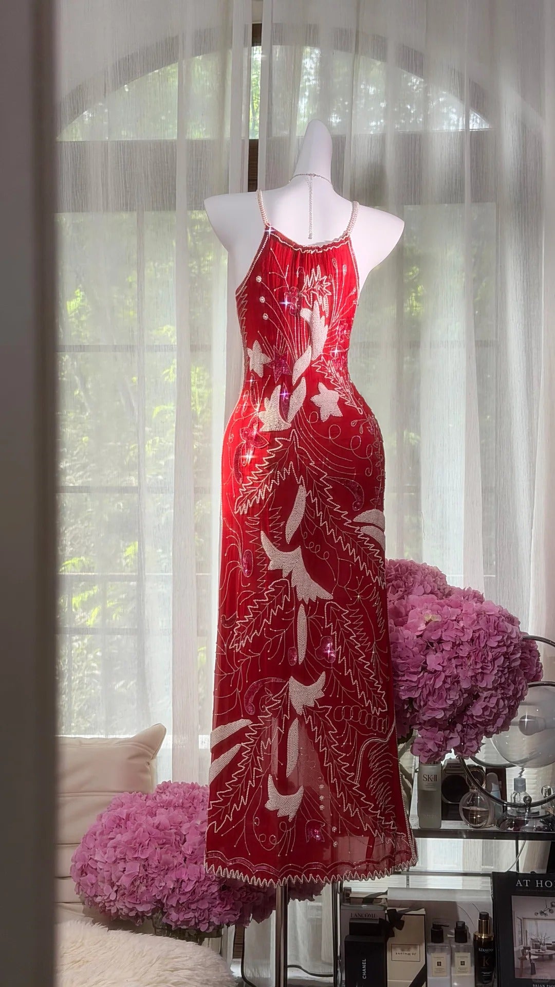 Beautiful Sheath Beaded Spaghetti Straps Red Formal Dress MD366